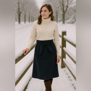 Boden Navy Paper-bag Wool Midi Skirt with Bow Detail Classic Preppy Academia 10